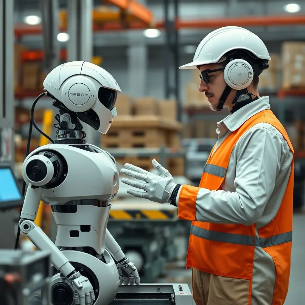 A human worker and a collaborative robot (cobot) working side-by-side on an assembly line or in a warehouse setting, illustrating safe and interactive workspace.
