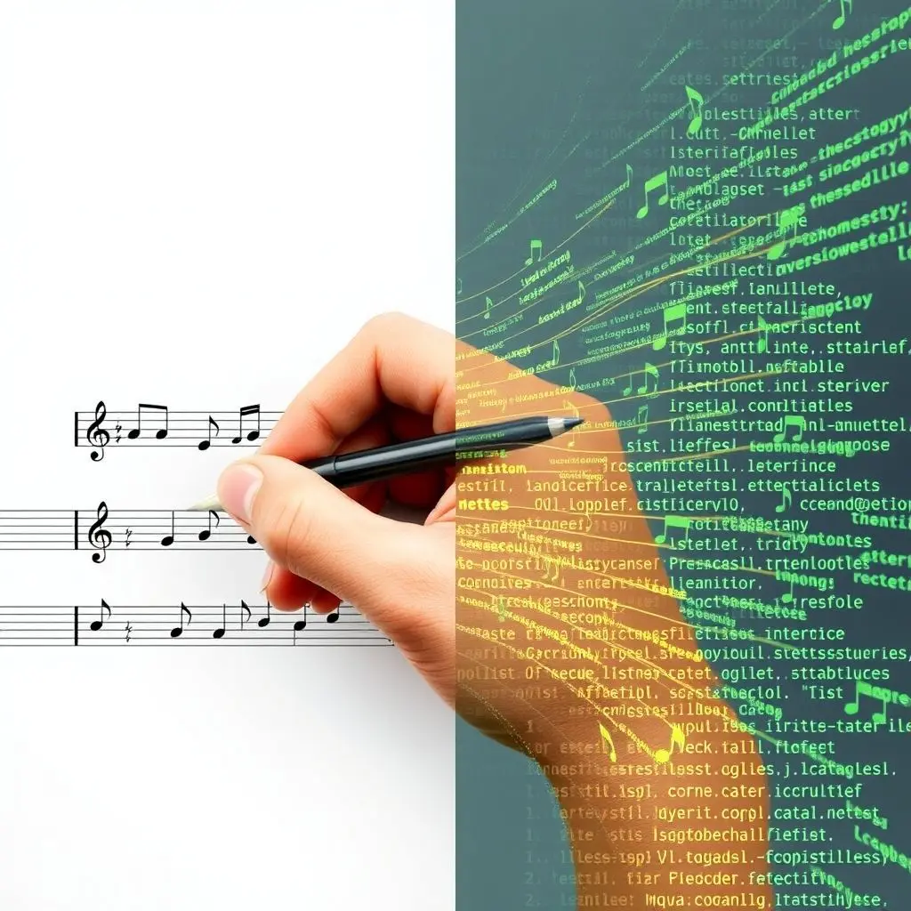 Conceptual image contrasting human hand creating music notes with algorithmic code creating music.