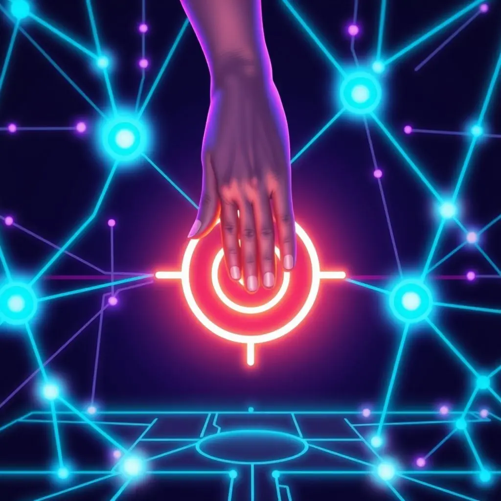 Stylized image showing a human hand hovering over abstract digital lines and a target symbol, representing human oversight over autonomous systems.