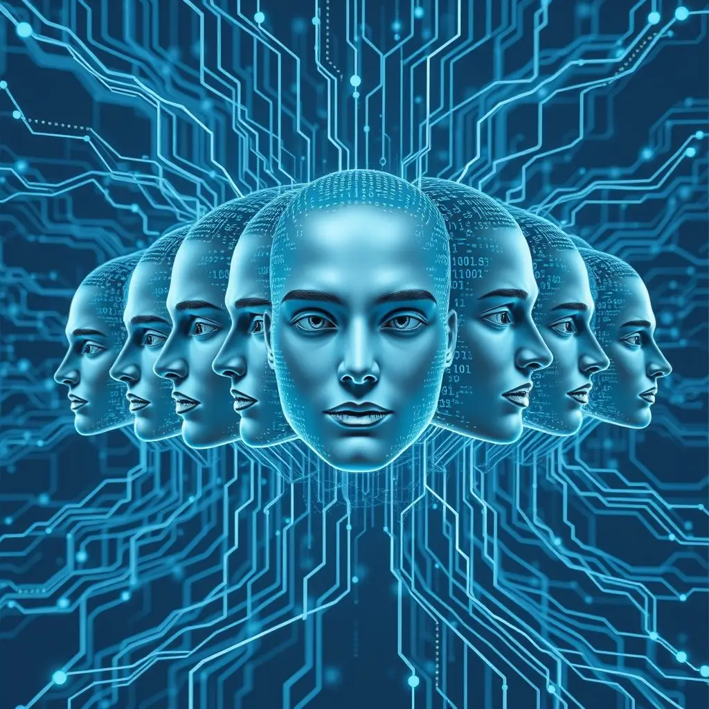 Abstract representation of diverse digital faces emerging from data streams