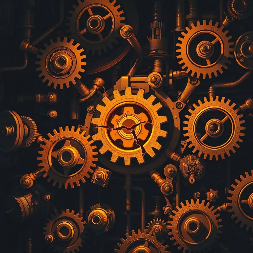 Illustration showing complex gears and mechanisms with one gear slightly misaligned, representing how poor implementation can break strong encryption.