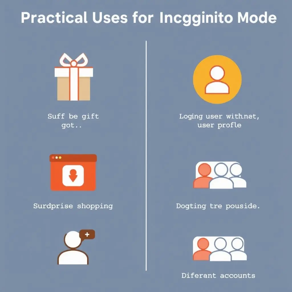 Illustration showing icons representing gift boxes and multiple user profiles, suggesting practical uses for incognito mode.