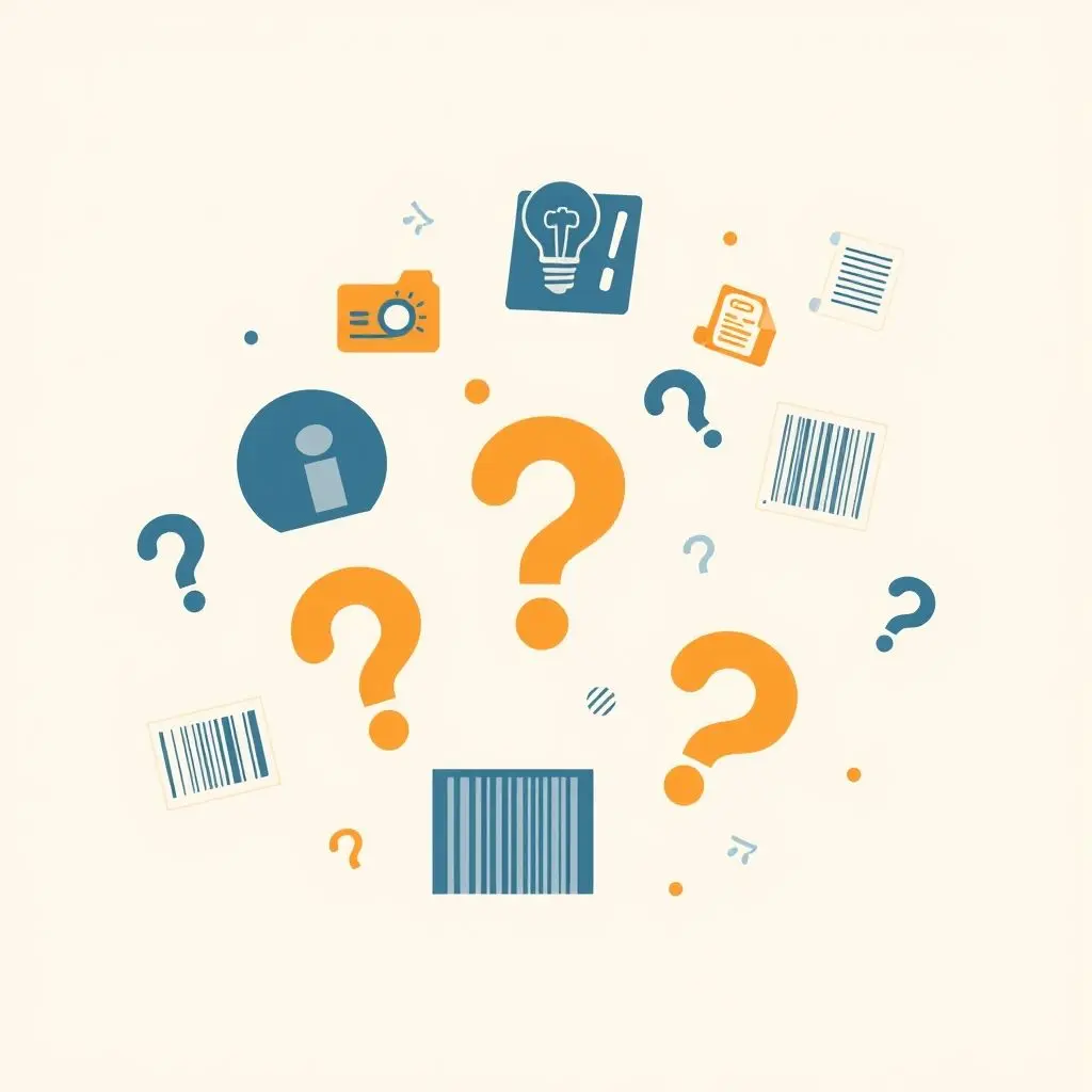 Graphic with question marks related to barcode history and invention