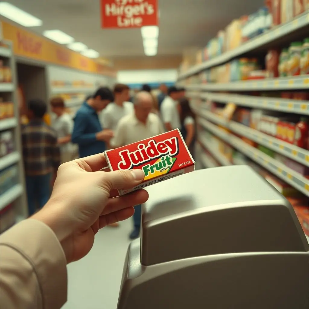 Illustration depicting the first barcode scan of a pack of gum in 1974