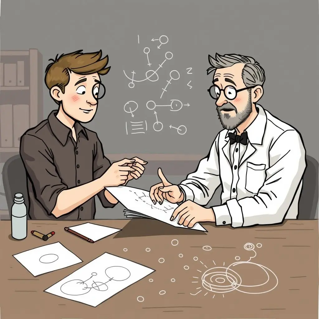 Illustration of Joe Woodland and Bernie Silver brainstorming with sketches of Morse code lines and circular patterns