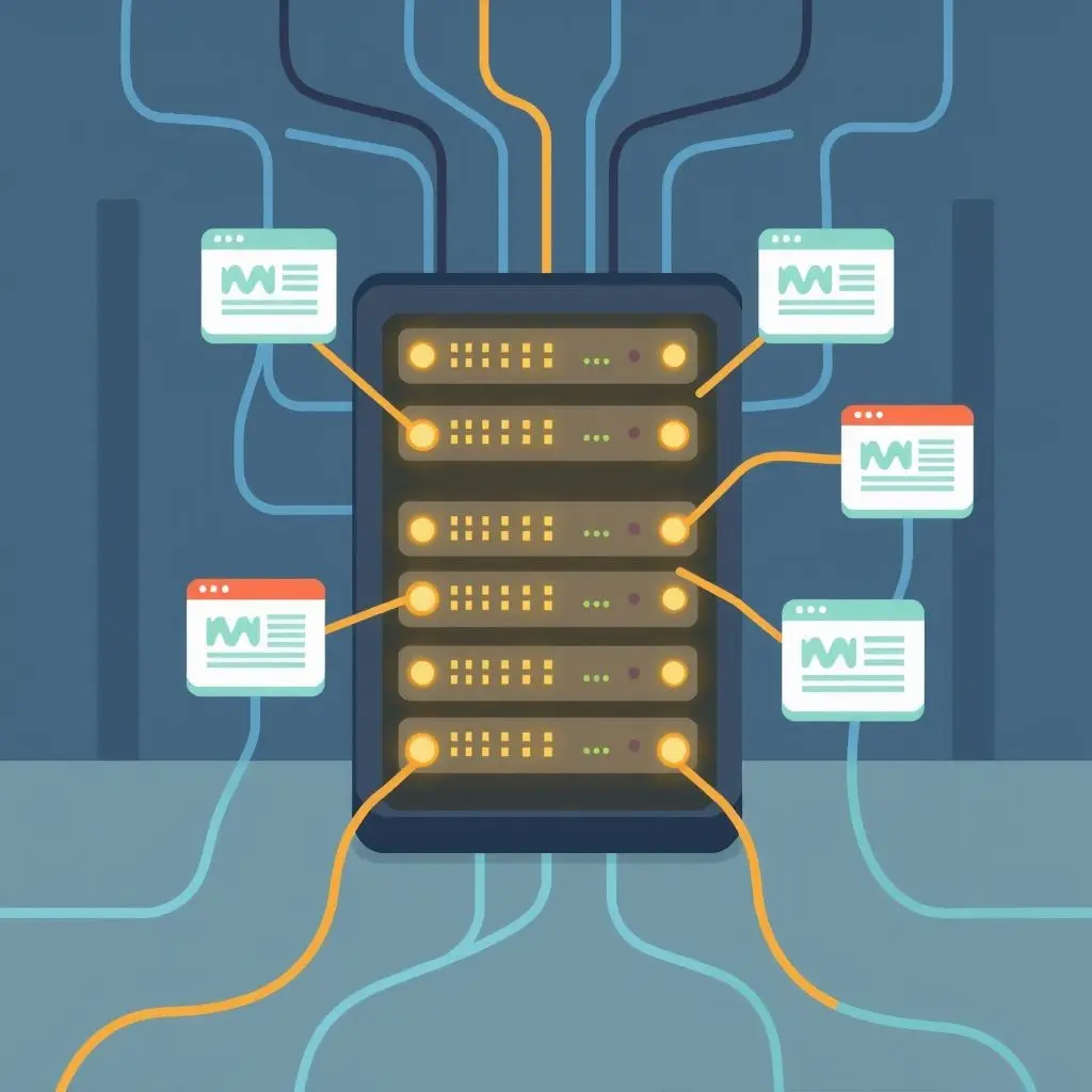 Illustration showing an ISP server node watching lines of data representing web traffic.