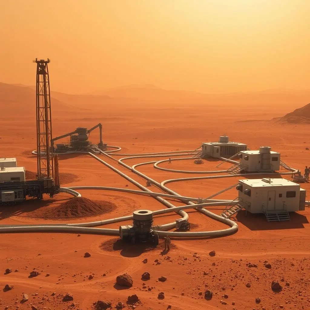 Artist's concept of a future Mars base utilizing ISRU, showing equipment extracting resources from the Martian surface.