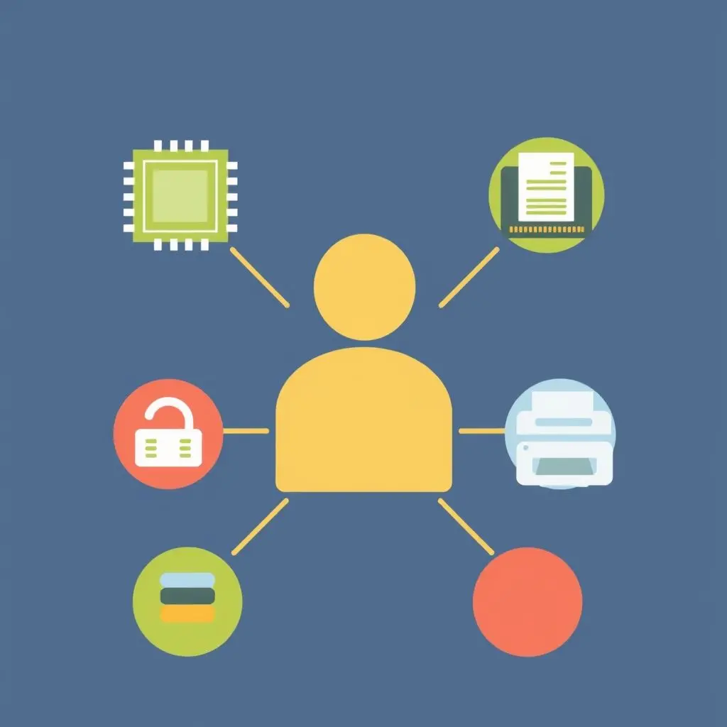 Illustration representing various computer resources being managed by a central kernel figure