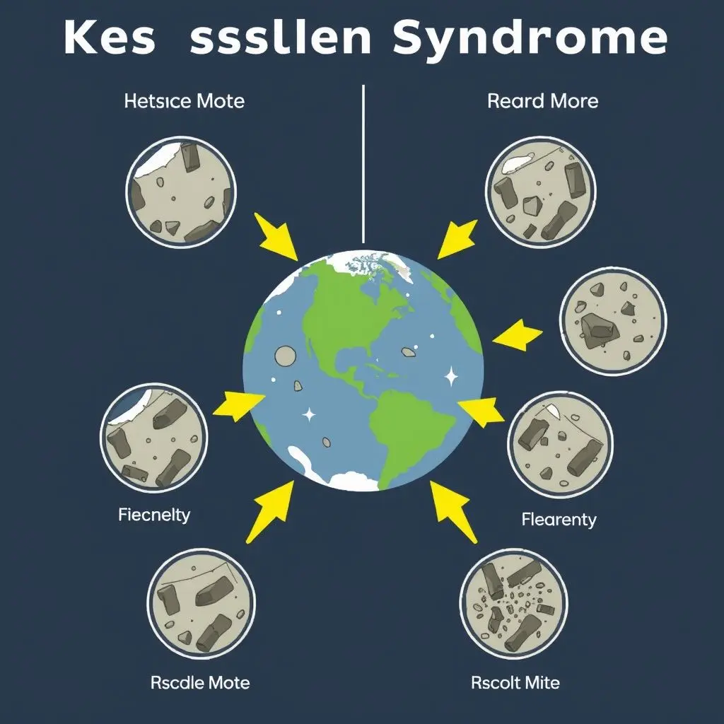 Diagram illustrating the Kessler Syndrome with multiple pieces of debris colliding and creating more fragments in a runaway chain reaction around Earth.