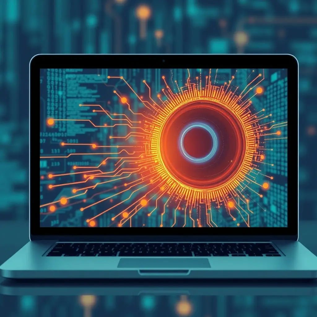 Abstract digital illustration showing data flowing from a laptop camera lens, representing surveillance risks.