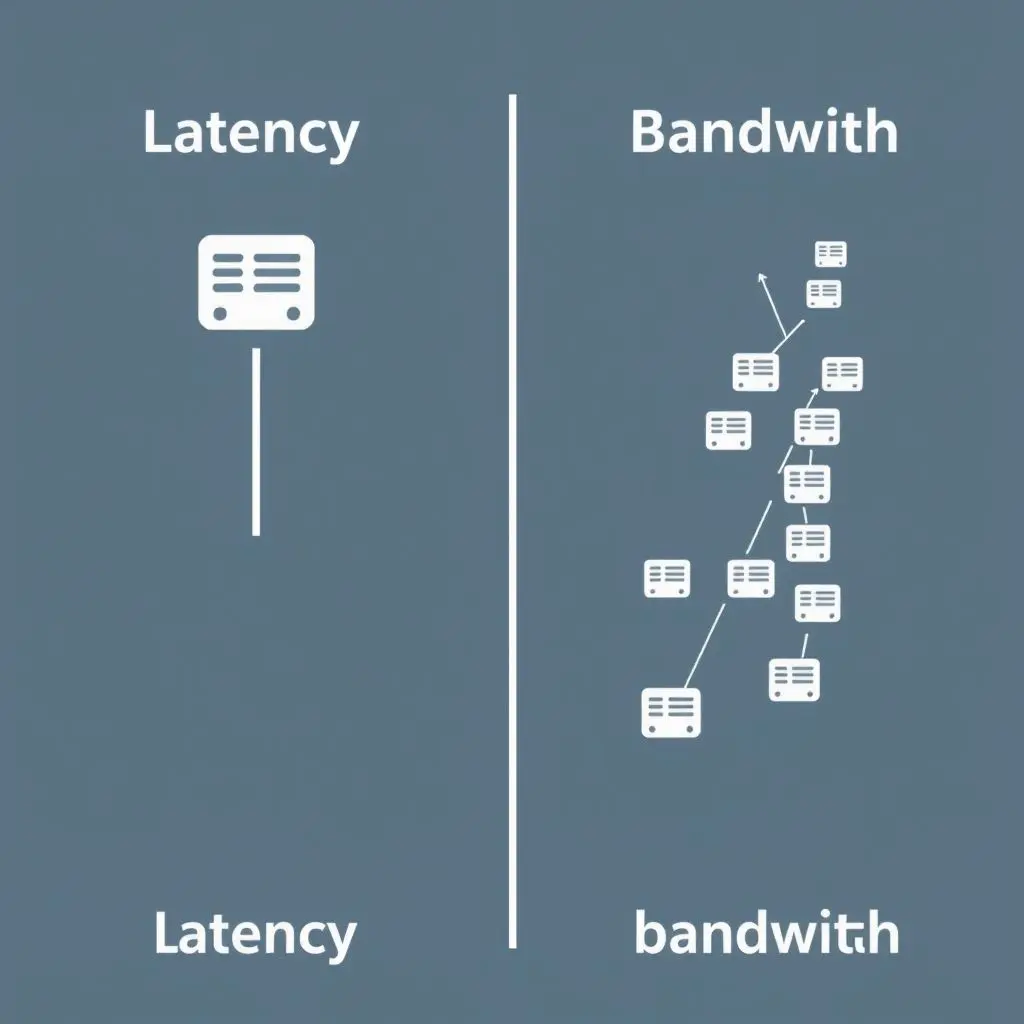 Illustrative comparison showing latency as time delay for a single data packet and bandwidth as the volume of data packets over time.