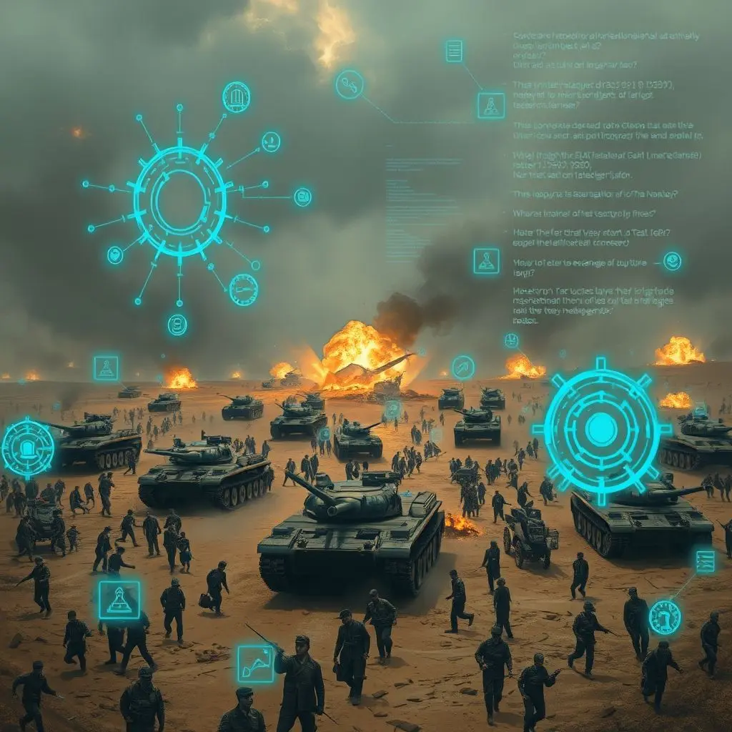 Illustration showing a complex battlefield scene with both military vehicles and civilians, overlaid with symbols representing algorithms and legal texts, highlighting the difficulty of applying law to AI.