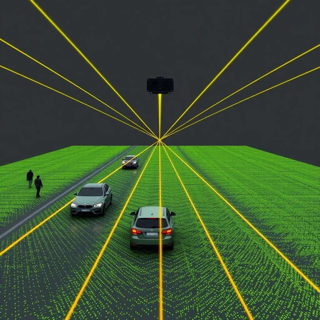Visual representation of a LiDAR point cloud depicting cars, road, and surrounding environment in 3D.