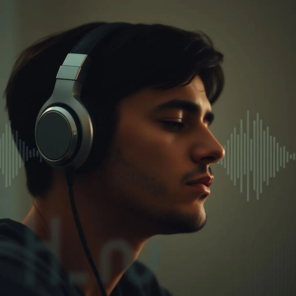Person listening to music, perhaps contemplating if it's AI-generated, with abstract data visualization.