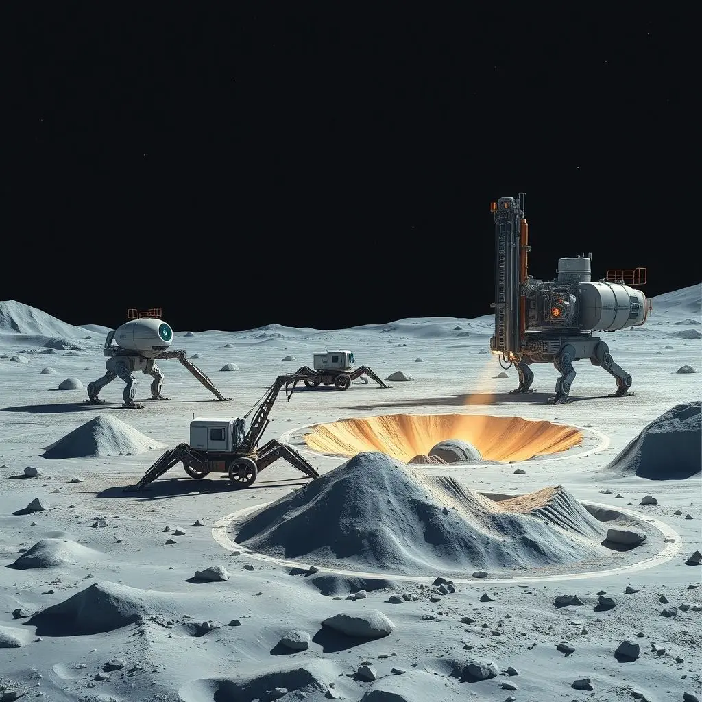 Illustration of robotic equipment performing In-Situ Resource Utilization (ISRU) on the Moon's surface, extracting resources from regolith.