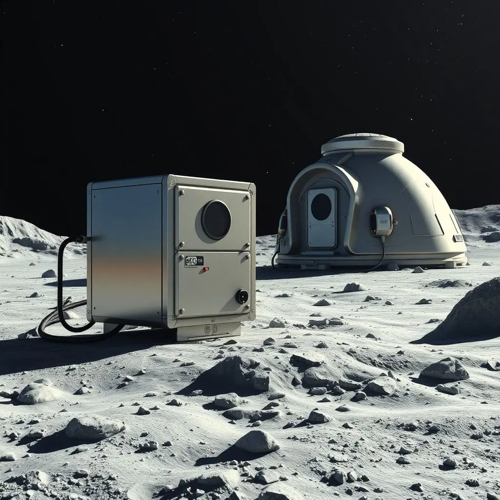 Illustration of a small, robust nuclear fission power system deployed on the lunar surface next to a habitat.