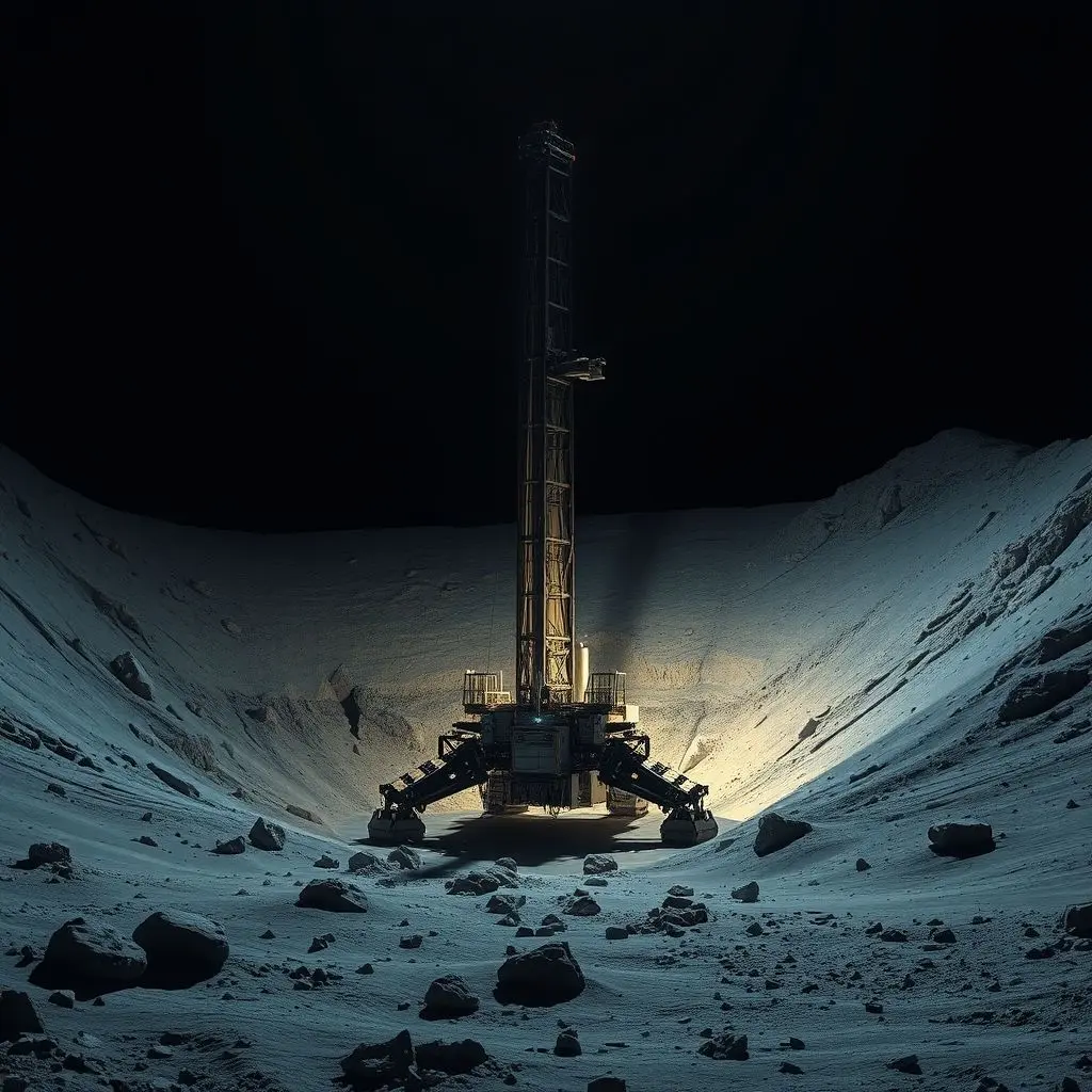 Robotic rig drilling into a permanently shadowed lunar crater to extract water ice.