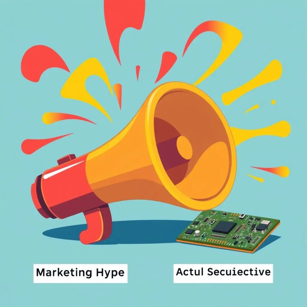 Illustration of a loud megaphone labeled 'Marketing Hype' next to a small, intricate circuit board labeled 'Actual Security Features', highlighting the difference.