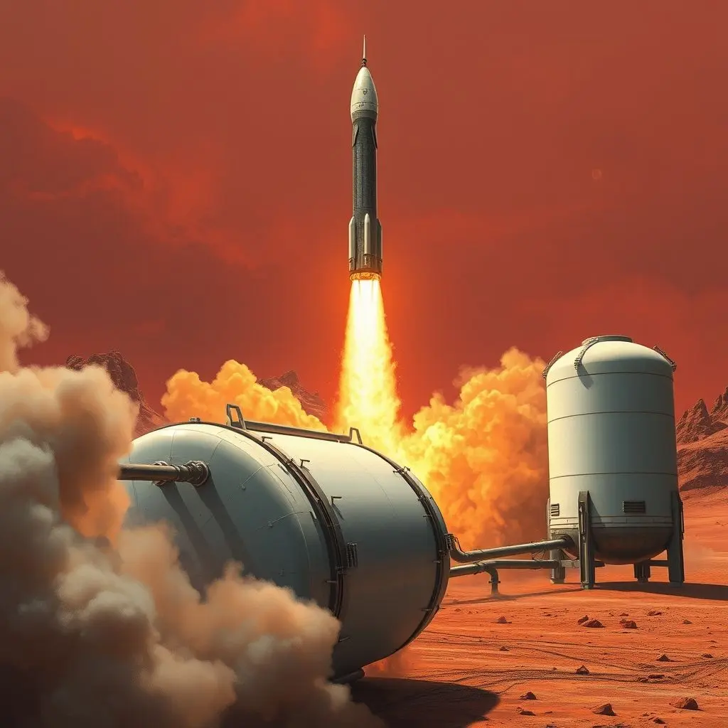 Illustration showing a rocket on Mars with the required amount of oxygen oxidizer highlighted, emphasizing the large quantity needed.