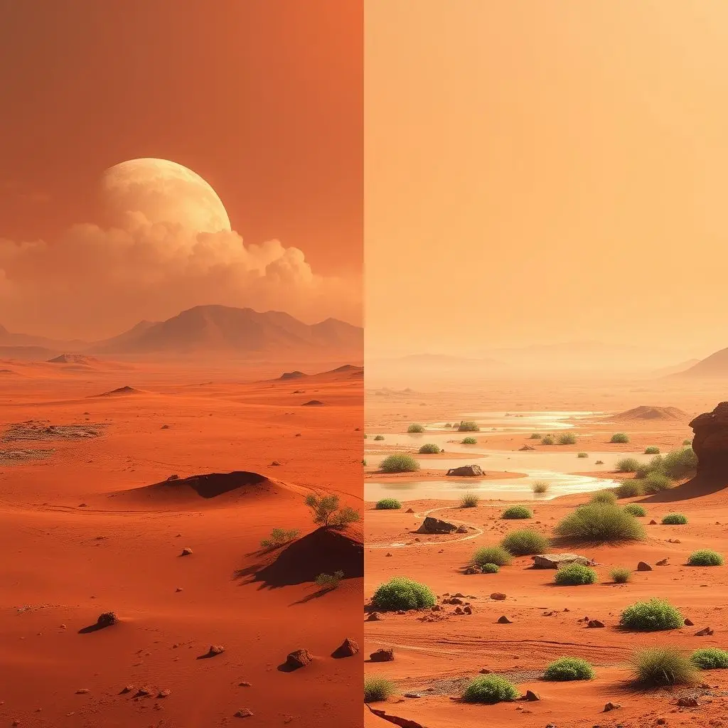 Concept showing gradual stages of terraforming on Mars, from red dust to hints of blue sky and water