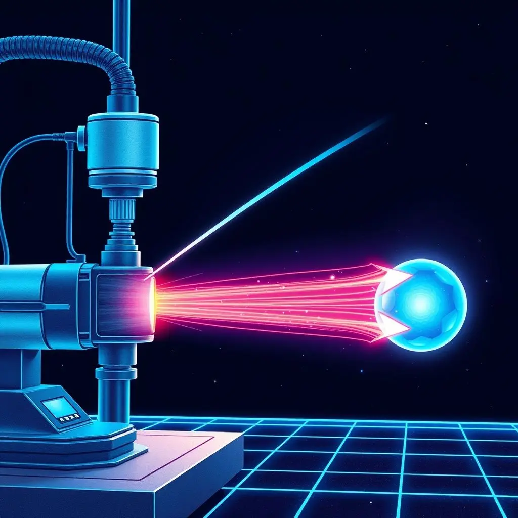 Illustration showing a device measuring one entangled particle, and an arrow instantly pointing to a second, distant particle changing its state.