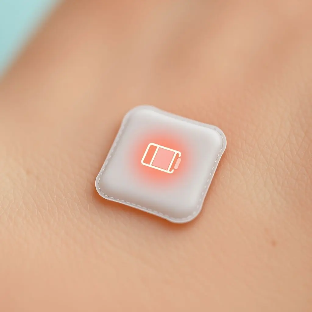 A small medical patch or sensor on skin harvesting energy from body heat