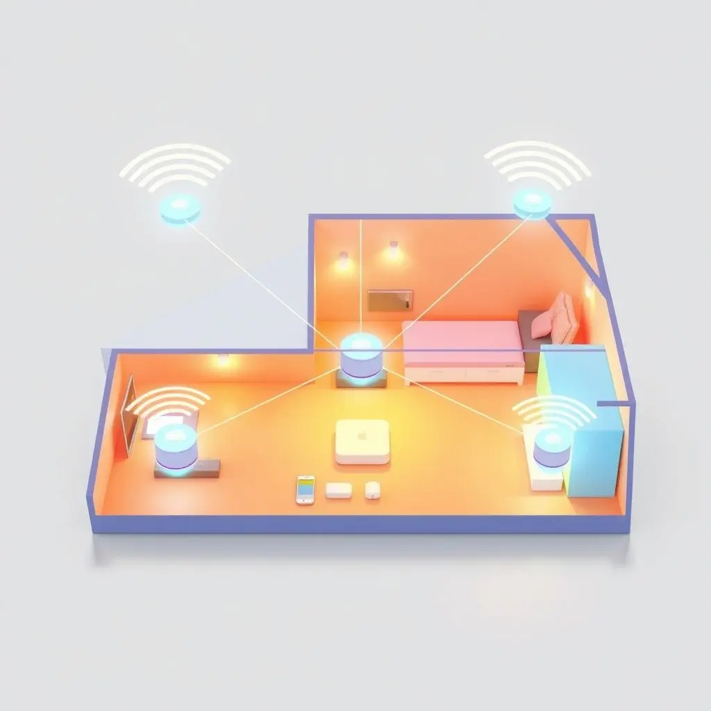 Illustration of a mesh Wi-Fi system with multiple nodes spread across a floor plan