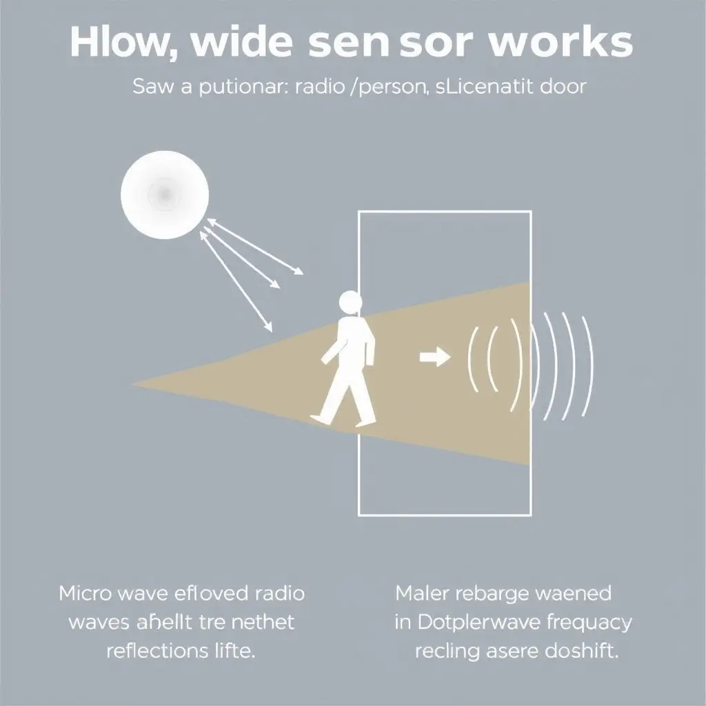 Diagram illustrating how a microwave sensor emits waves and detects movement via the Doppler effect as waves reflect off a moving object.