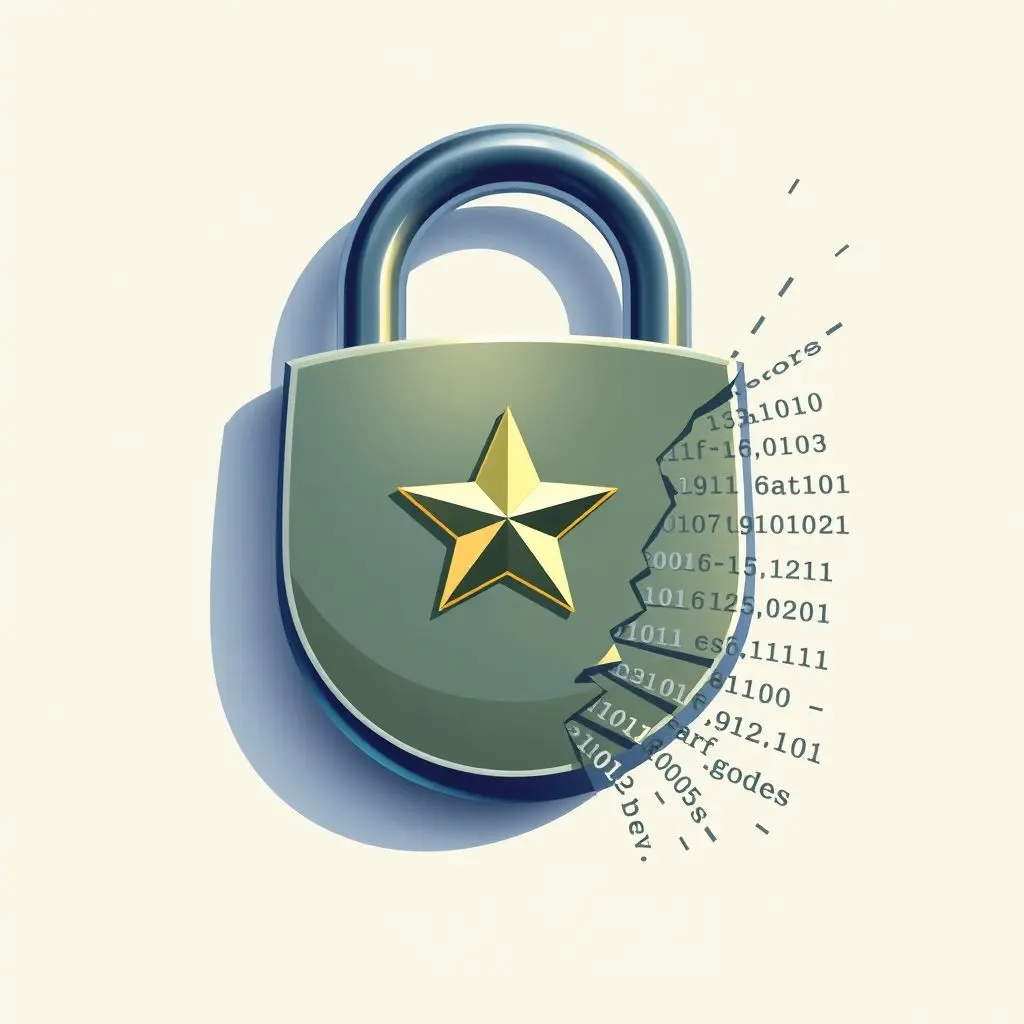 Stylized illustration showing a padlock with a military star icon, partially dissolving to reveal simple code lines underneath, representing the marketing myth.