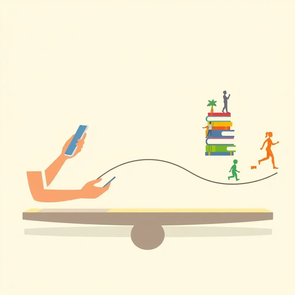 Person balancing a phone with digital elements on one side and real-world elements like books, nature, and friends on the other, symbolizing mindful tech use.