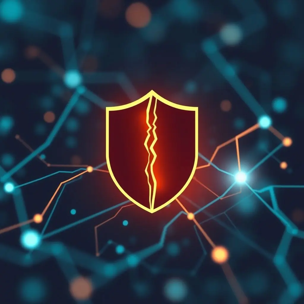 Illustration showing a broken shield icon over a data stream, symbolizing compromised security.