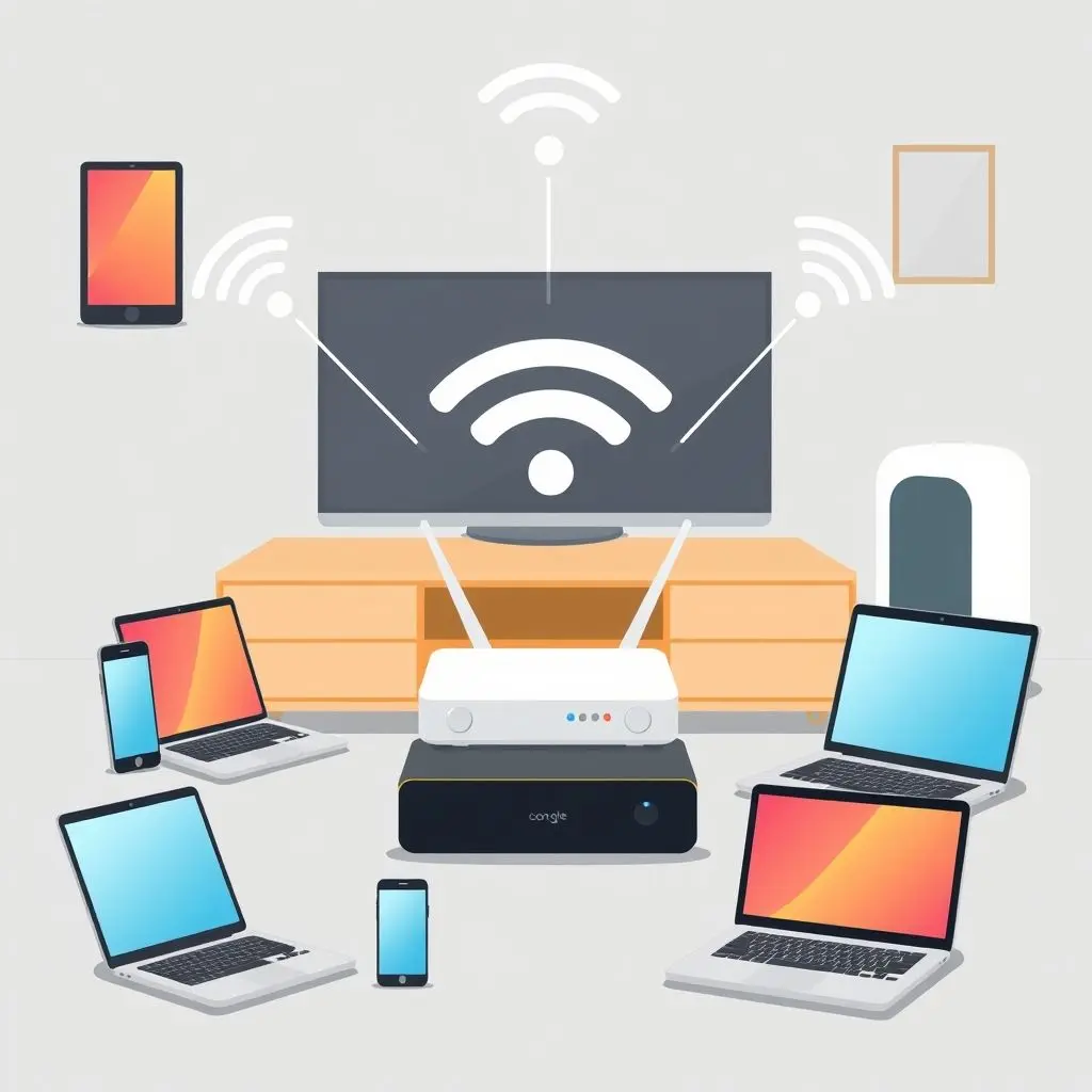 Illustration showing various modern devices wirelessly connected to a Wi-Fi signal