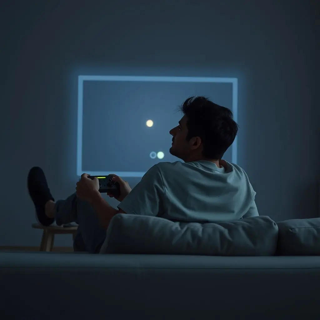 A modern gamer playing on a console, looking back with respect at a faint image of a Pong screen