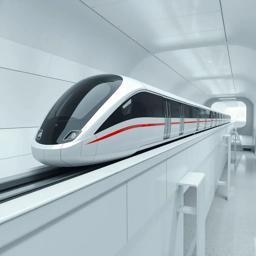 A modern Maglev train hovering above an elevated track