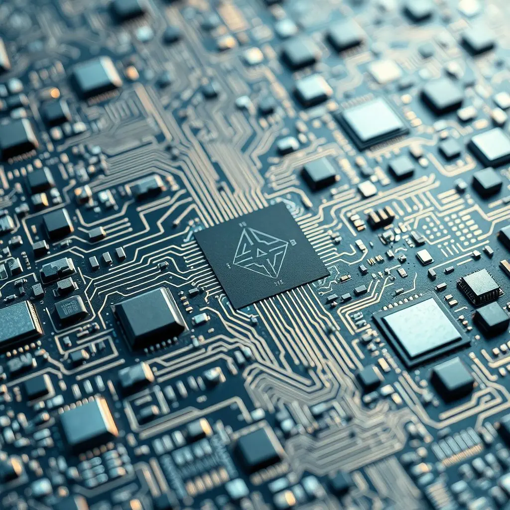 Illustration of a modern silicon wafer covered in intricate microchip patterns.