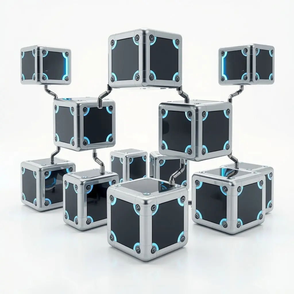 Conceptual image of interlocking robotic blocks forming different shapes