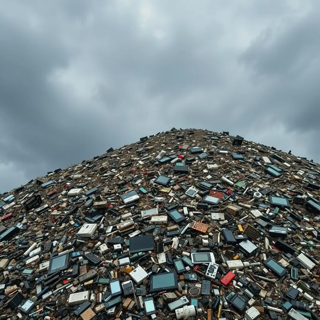 A vast, sprawling mountain of discarded electronics and gadgets under a grey sky.