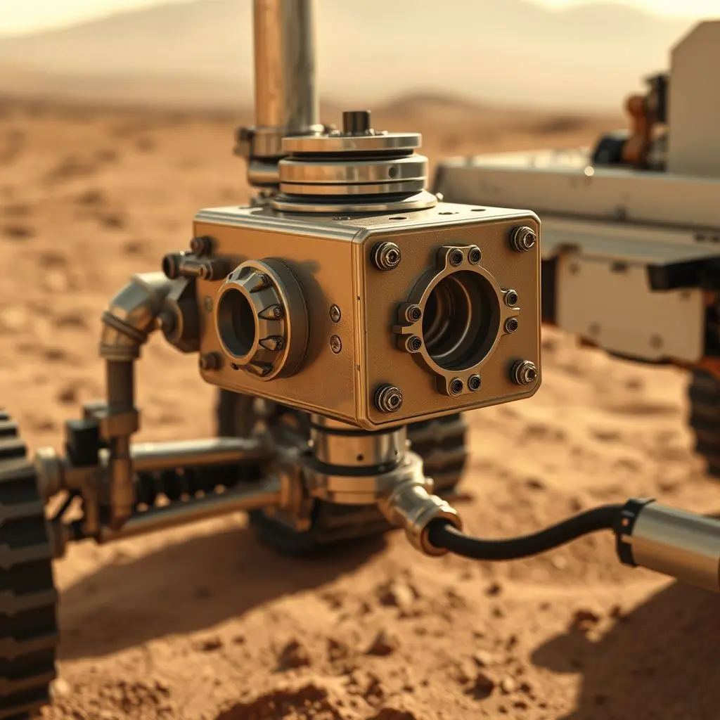 Close-up view of the MOXIE instrument on NASA's Perseverance rover, demonstrating in-situ oxygen production on Mars.