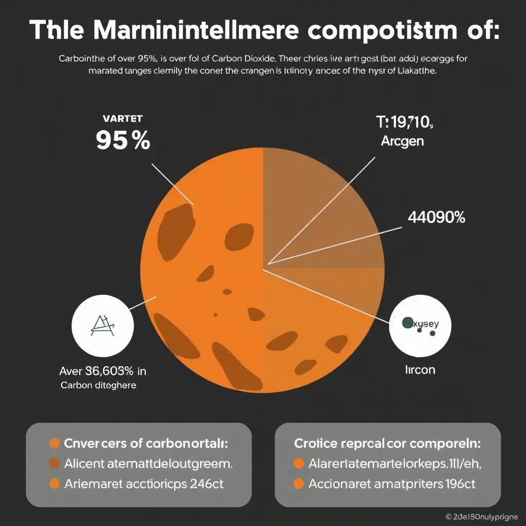 Infographic showing the composition of the Martian atmosphere with a high percentage of carbon dioxide.