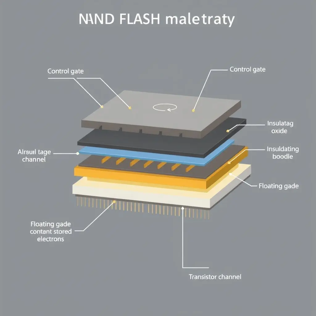Diagram showing the structure of a NAND flash memory cell with control gate, floating gate, and electron trapping.