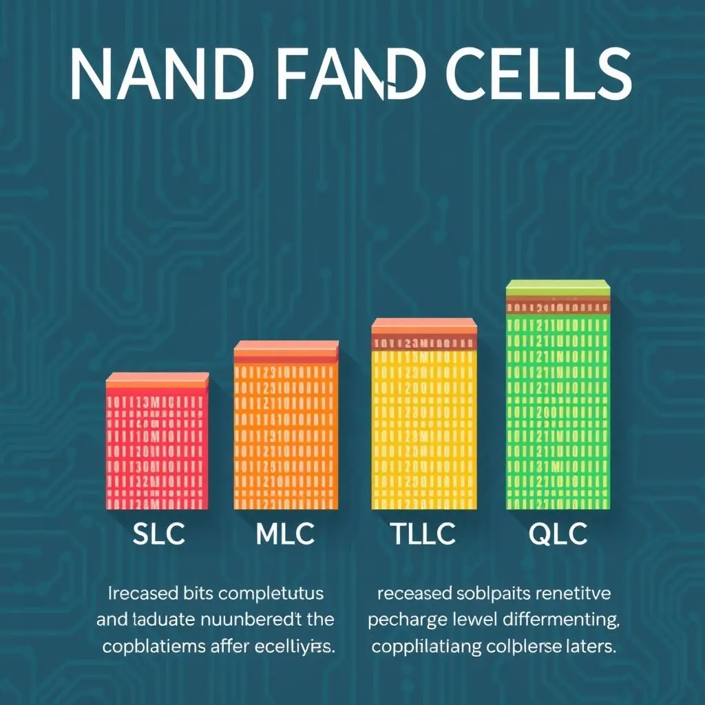 Illustration comparing SLC, MLC, TLC, and QLC NAND cells based on the number of bits and charge levels stored per cell.