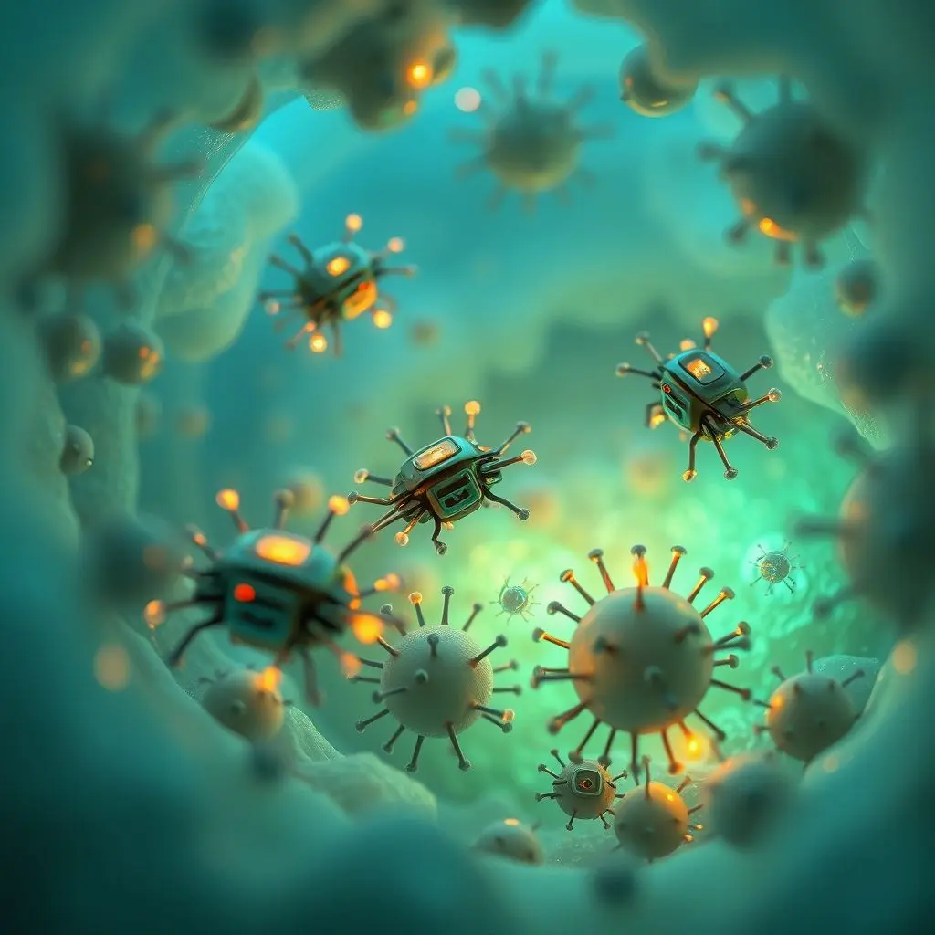 Microscopic nanobots surrounding and neutralizing harmful bacteria