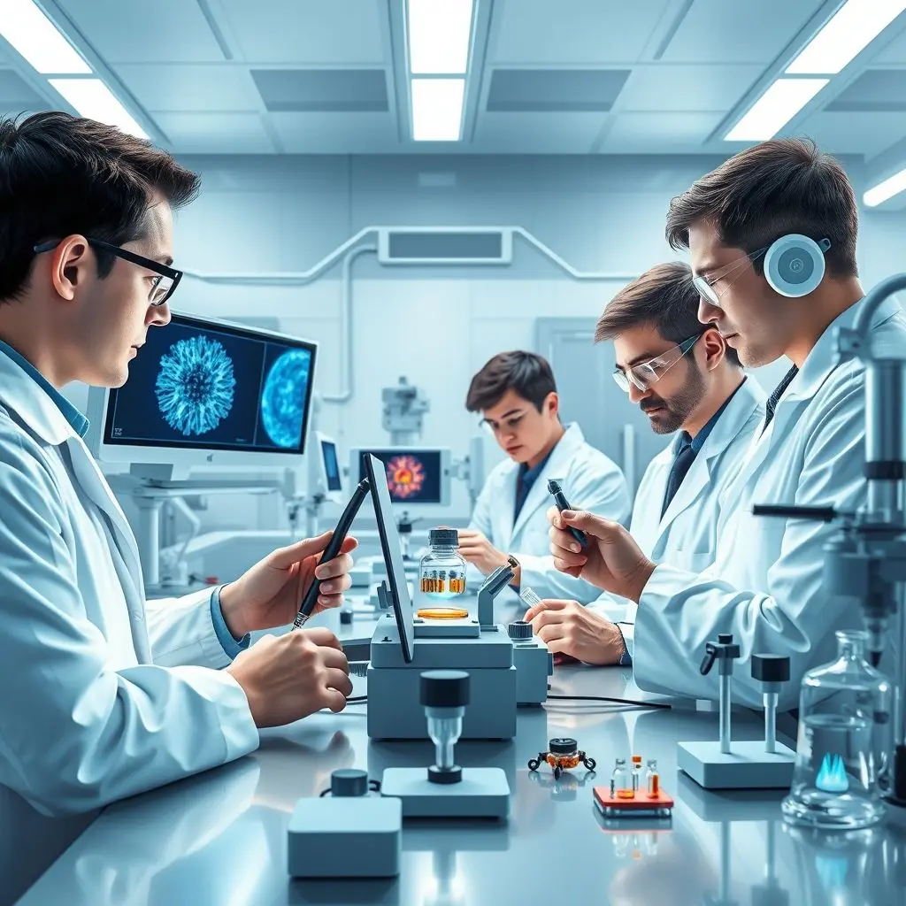 Scientists working in a lab with advanced equipment studying nanoscale medical devices