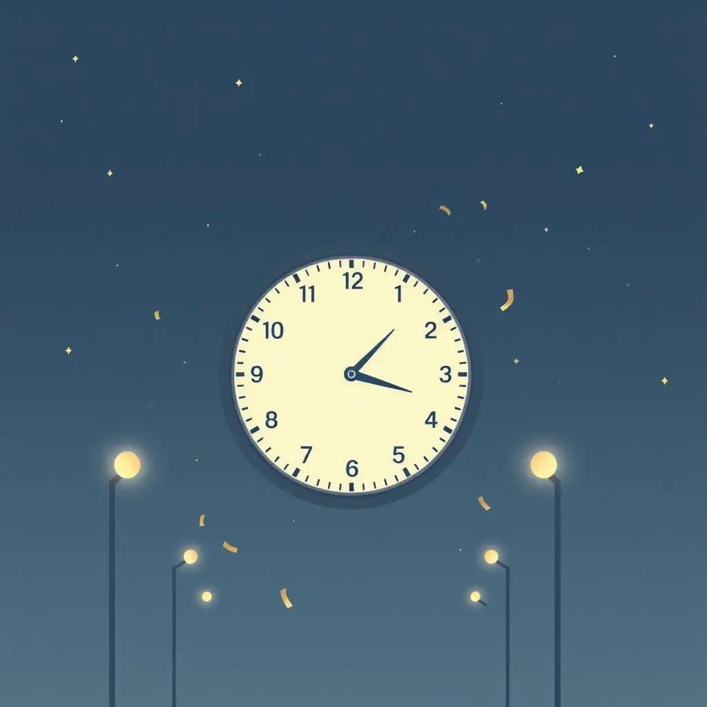 Illustration showing a clock striking midnight on January 1, 2000, with minimal disruptions in the background, symbolizing the non-event.