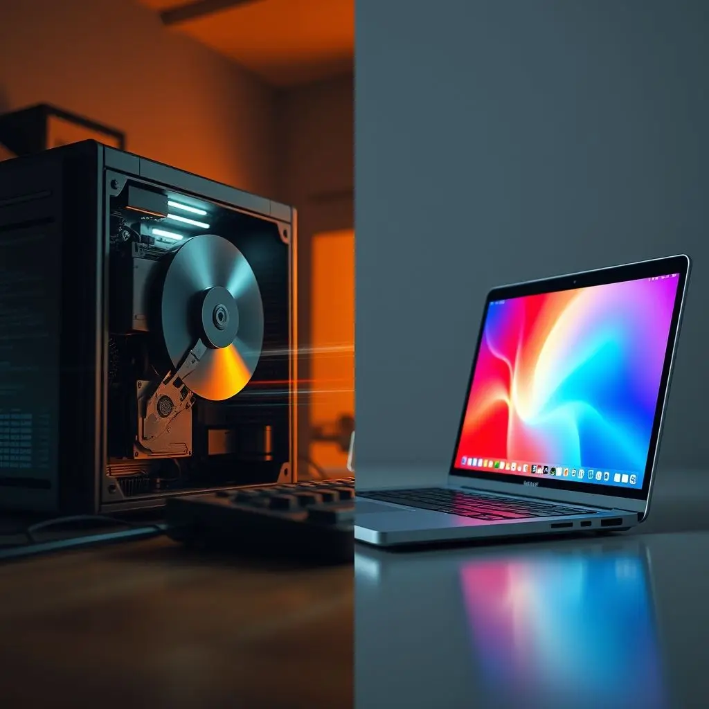 Comparison of old computer with slow loading vs modern fast computer