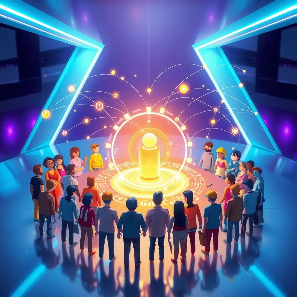 Visual of diverse user avatars or icons interacting online, representing community.