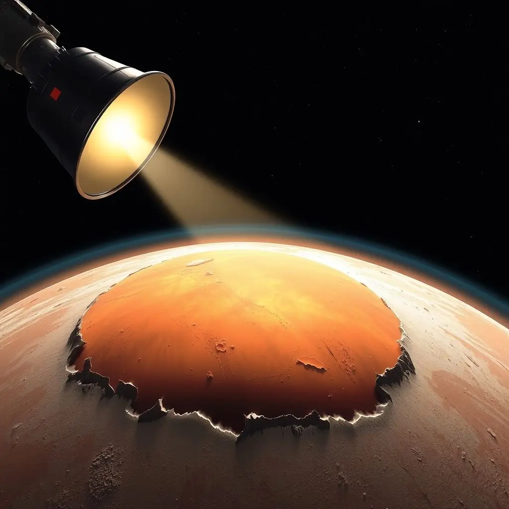 Illustration of a large orbital mirror focusing sunlight onto the Martian polar ice cap