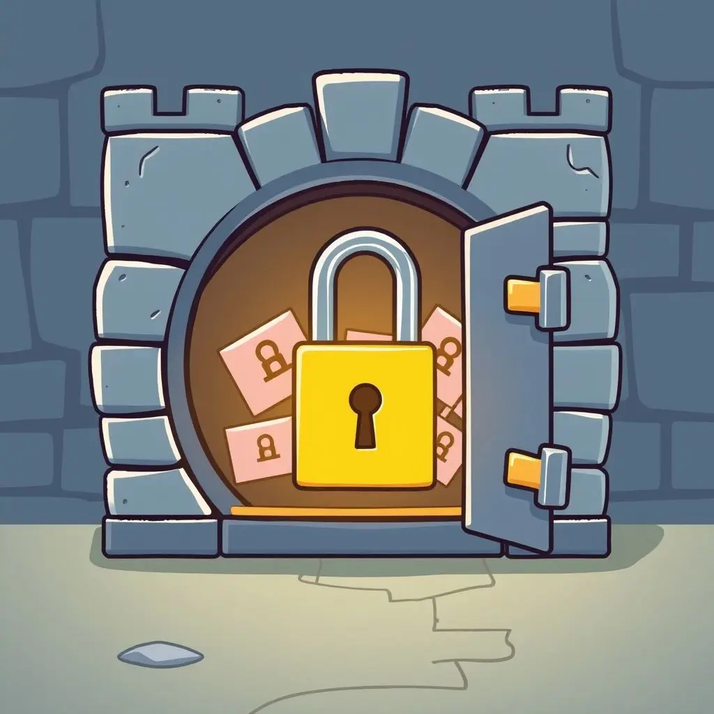 Illustration showing a digital vault or fortress being secured by a single strong master key or password, representing a password manager protecting multiple unique login credentials.