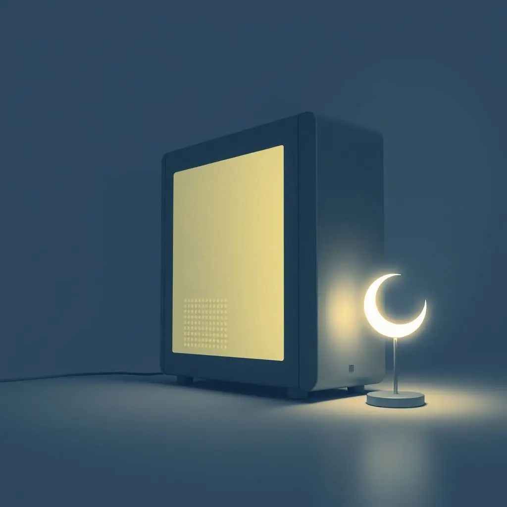 Illustration of a PC tower with a glow effect, representing low-power or sleep mode, perhaps with a small crescent moon icon.