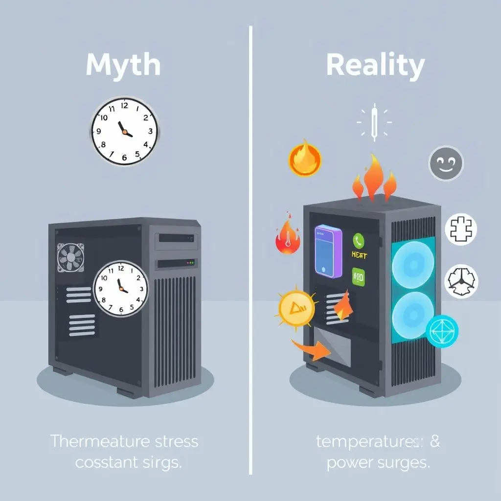 Illustration showing a PC tower with a 'Myth' label next to it running 24/7, and a PC tower with a 'Reality' label next to it showing thermal stress symbols.